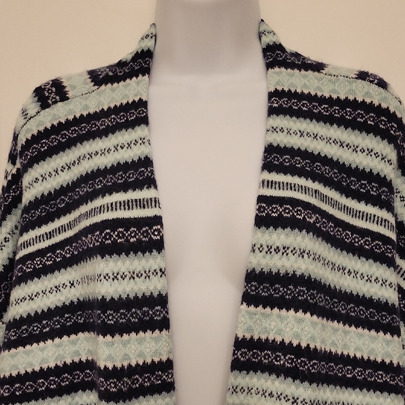 Talbots Plus Cardigan Open Front Stretch Navy Mint Teal White Fair Isle Print - Picture 2 of 12